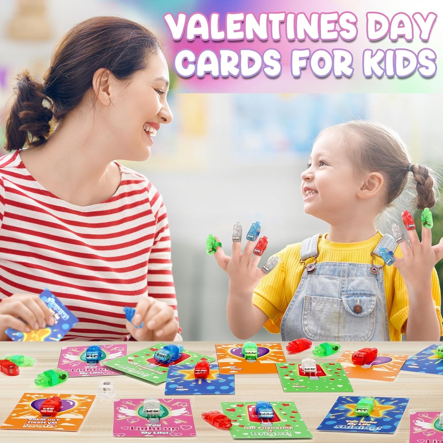 Polokping Valentines Day Gifts for Kids - 28 LED Finger Lights & Cards | Classroom Favors