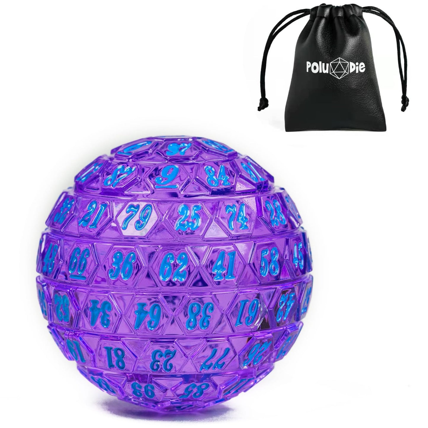 Poludie 100-Sided Polyhedral Dice (D100) – Transparent Purple with Blue Numbers, Includes Black Leather Pouch