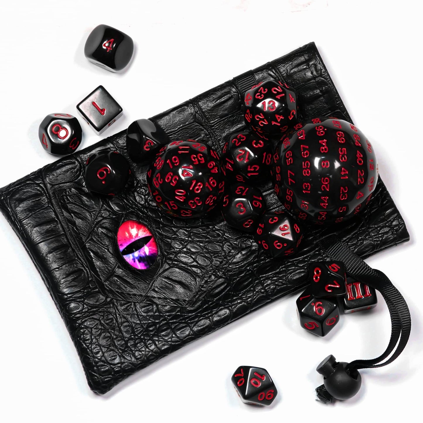 Poludie 15-Piece Polyhedral DND Dice Set with Dragon Eye Bag – D3 to D100, Black and Red Numbers
