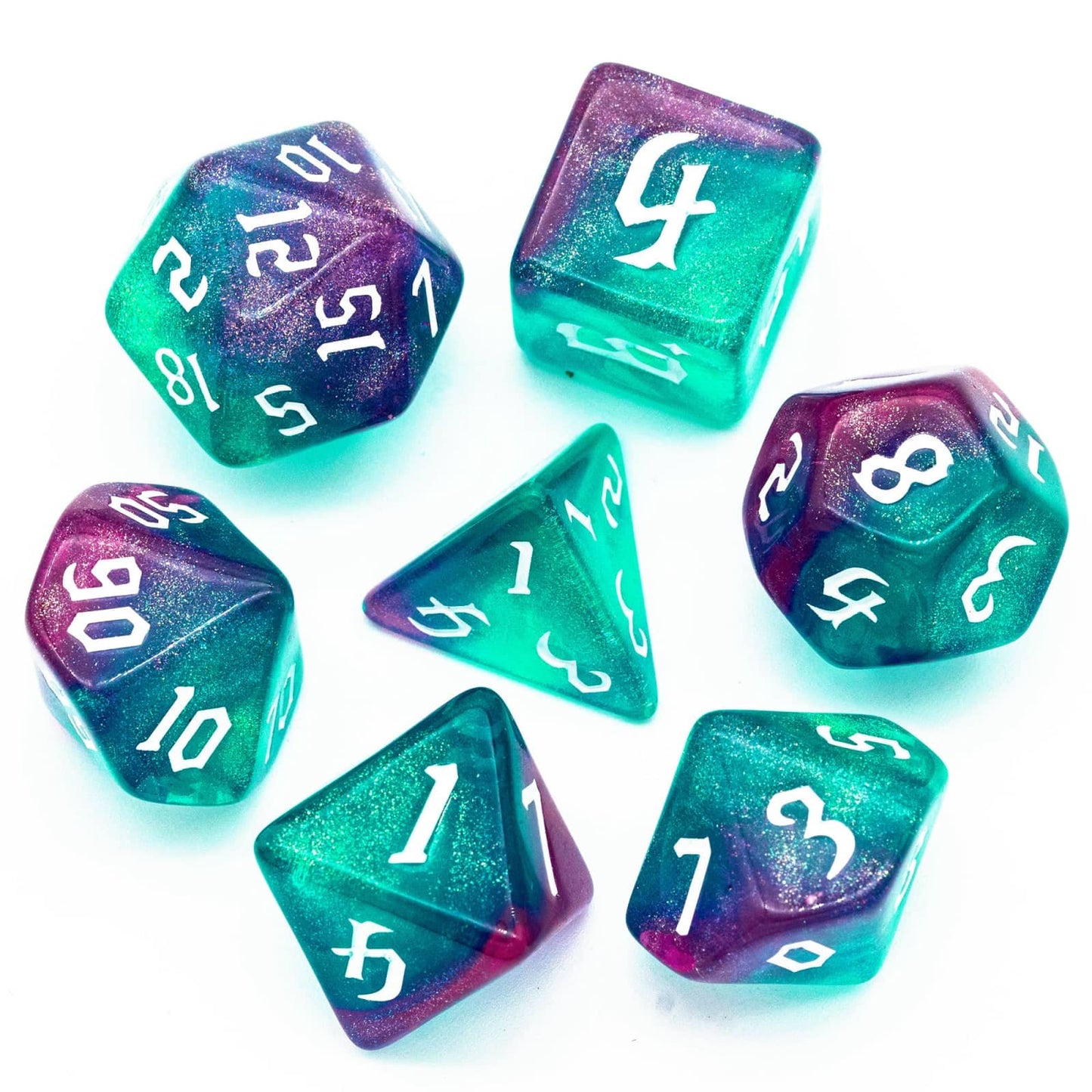 Poludie 7-Die DND Dice Set – Rose Blue Glitter with Leather Bag