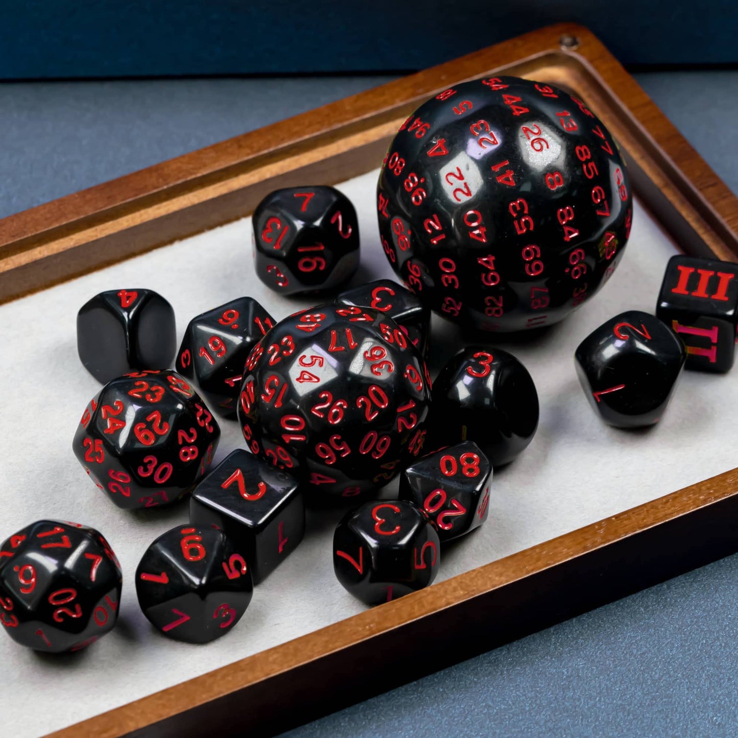 Poludie 15-Piece Polyhedral DND Dice Set with Dragon Eye Bag – D3 to D100, Black and Red Numbers