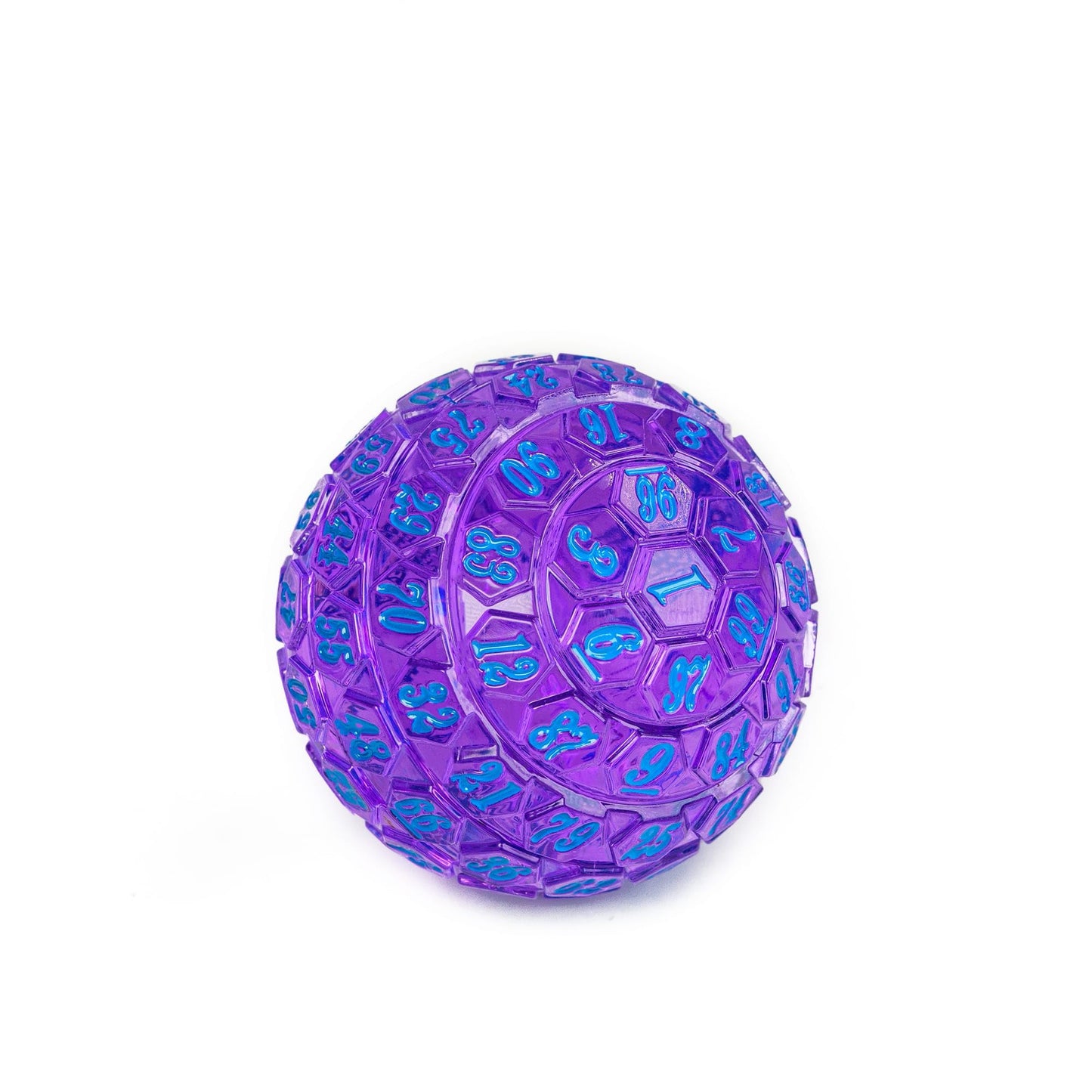 Poludie 100-Sided Polyhedral Dice (D100) – Transparent Purple with Blue Numbers, Includes Black Leather Pouch
