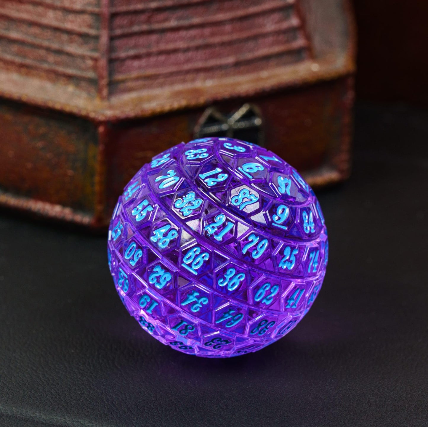 Poludie 100-Sided Polyhedral Dice (D100) – Transparent Purple with Blue Numbers, Includes Black Leather Pouch