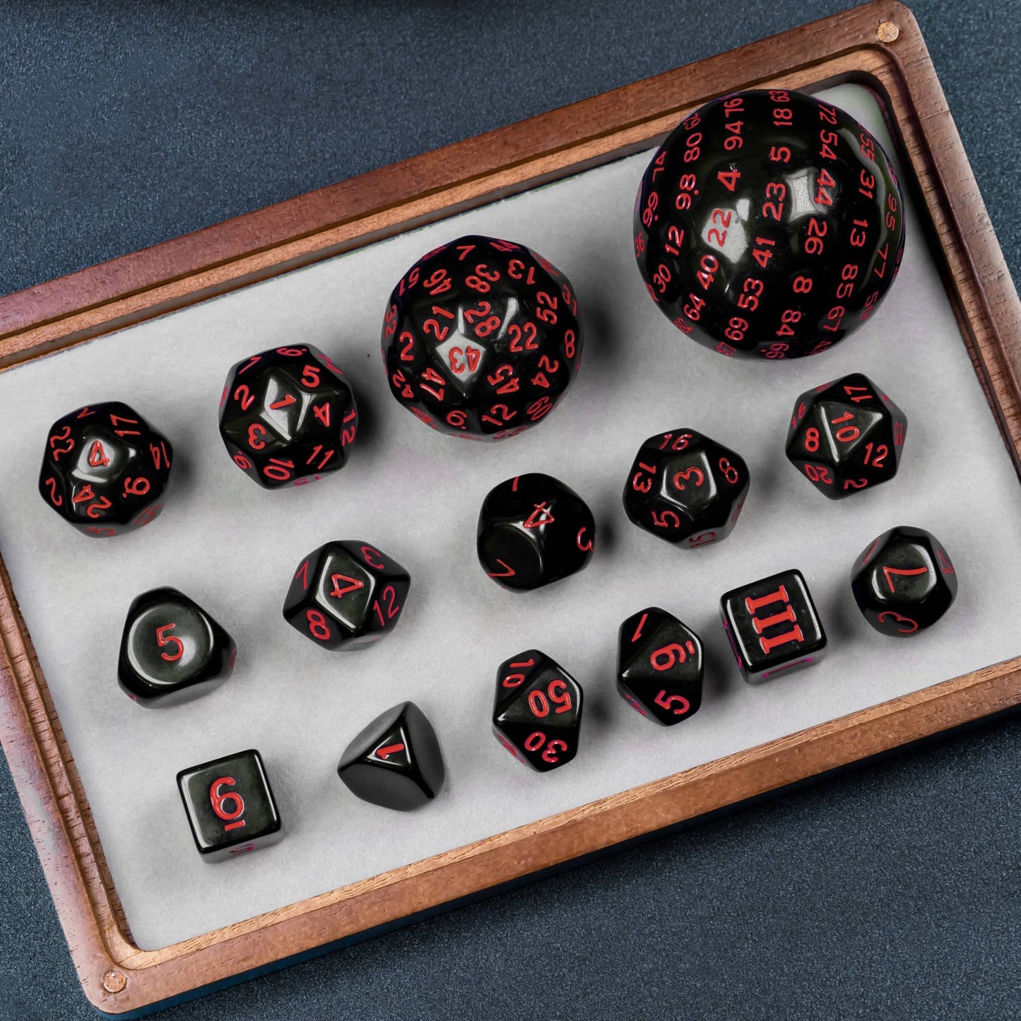 Poludie 15-Piece Polyhedral DND Dice Set with Dragon Eye Bag – D3 to D100, Black and Red Numbers