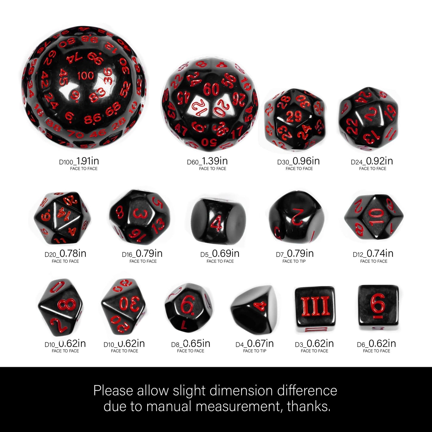 Poludie 15-Piece Polyhedral DND Dice Set with Dragon Eye Bag – D3 to D100, Black and Red Numbers