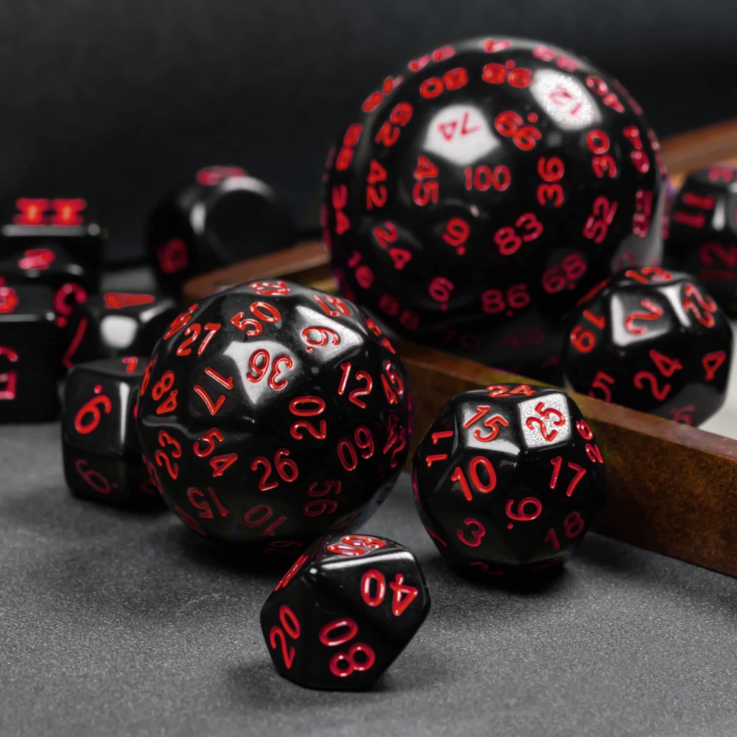 Poludie 15-Piece Polyhedral DND Dice Set with Dragon Eye Bag – D3 to D100, Black and Red Numbers