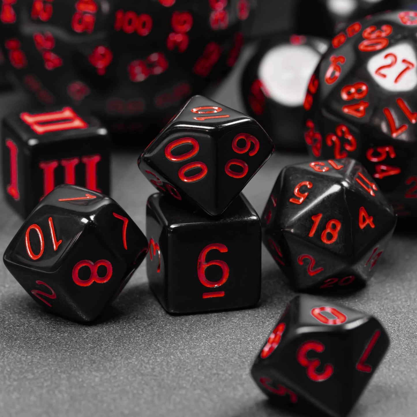 Poludie 15-Piece Polyhedral DND Dice Set with Dragon Eye Bag – D3 to D100, Black and Red Numbers