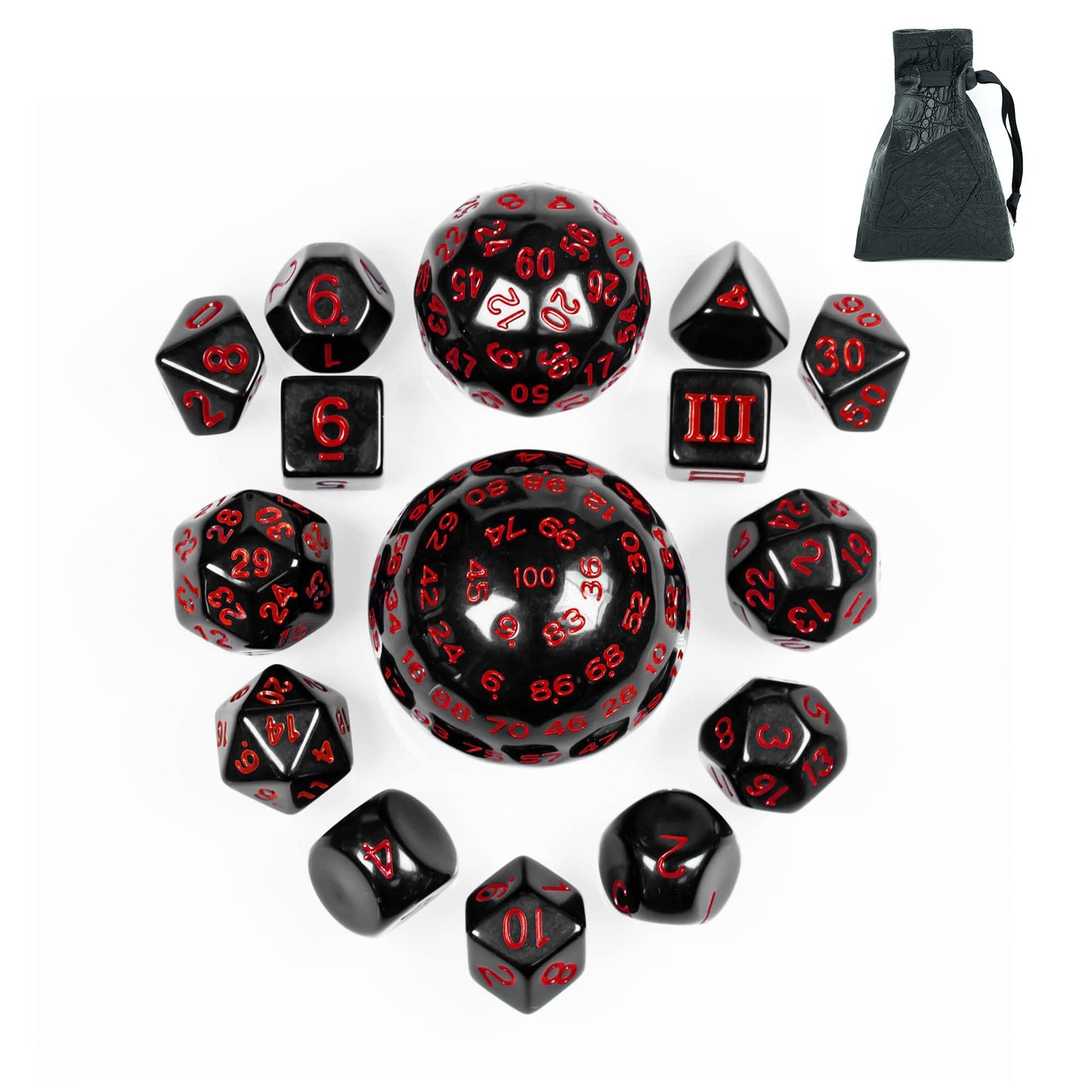 Poludie 15-Piece Polyhedral DND Dice Set with Dragon Eye Bag – D3 to D100, Black and Red Numbers