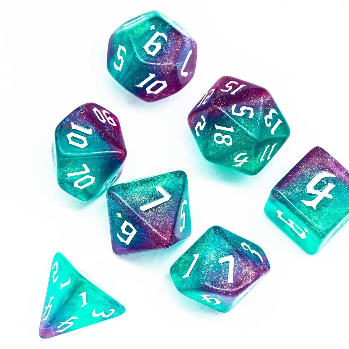 Poludie 7-Die DND Dice Set – Rose Blue Glitter with Leather Bag