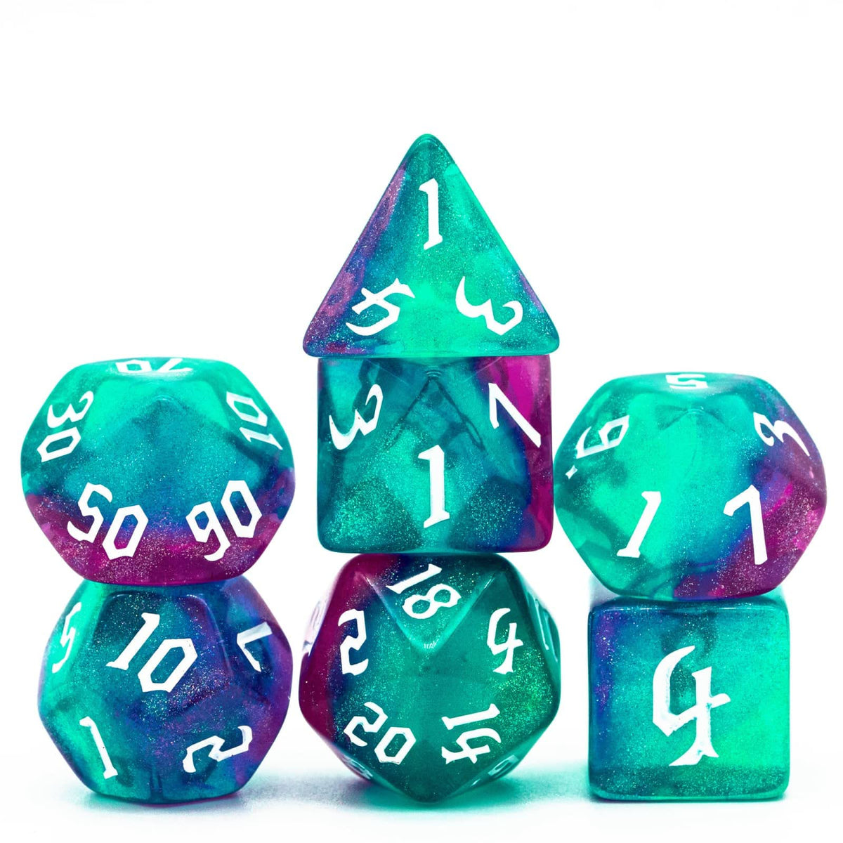 Poludie 7-Die DND Dice Set – Rose Blue Glitter with Leather Bag