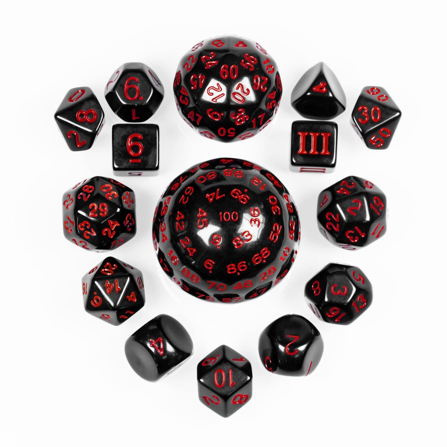 Poludie 15-Piece Polyhedral DND Dice Set with Dragon Eye Bag – D3 to D100, Black and Red Numbers