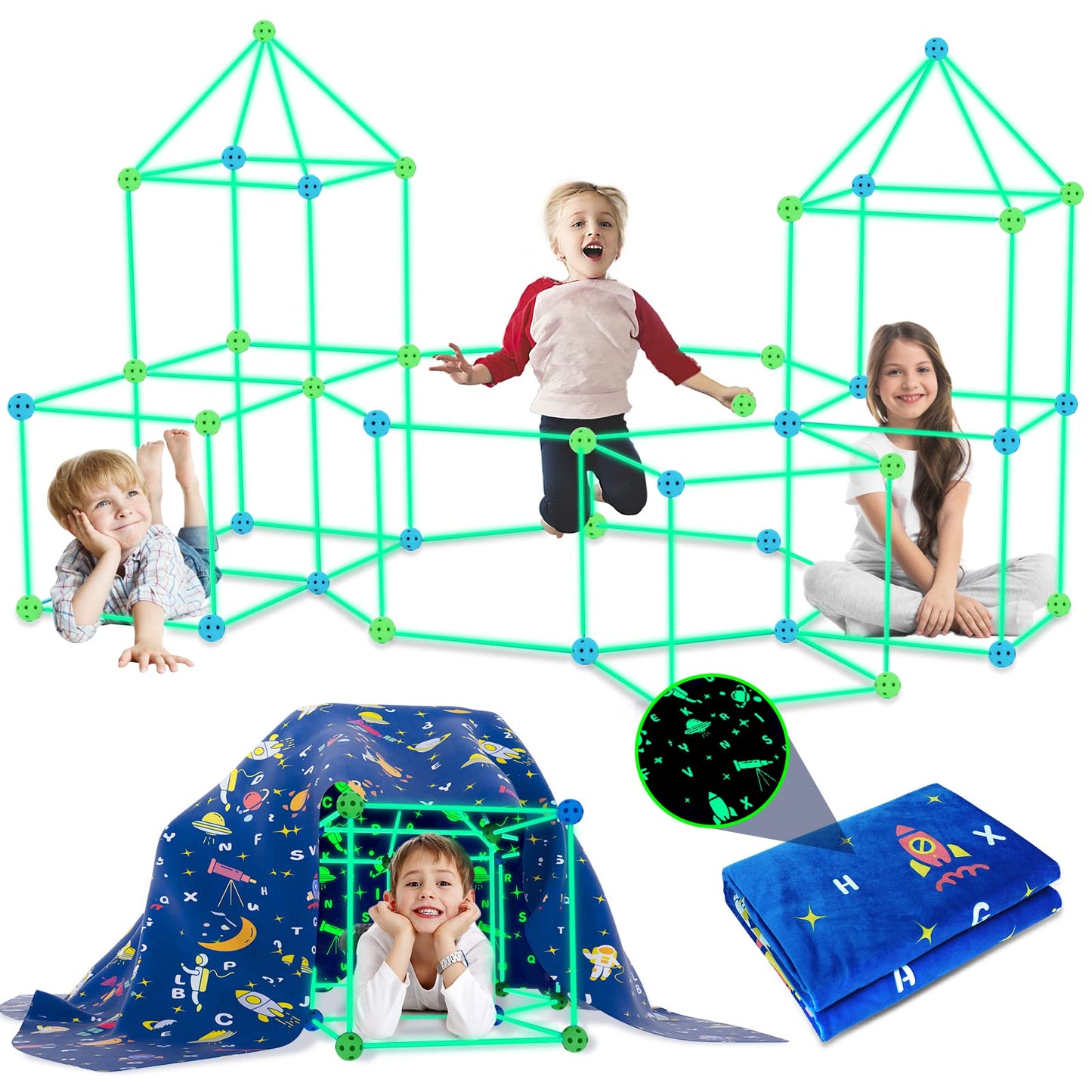 Pomasy 160PCS Kids Fort Building Kit – Glow in the Dark, STEM DIY Indoor Outdoor