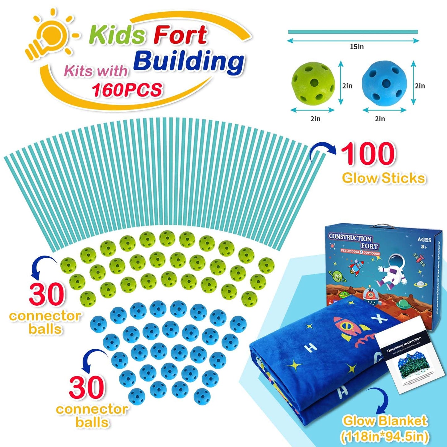 Pomasy 160PCS Kids Fort Building Kit – Glow in the Dark, STEM DIY Indoor Outdoor