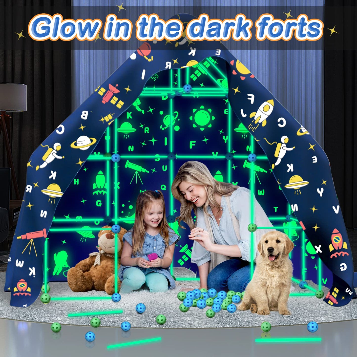 Pomasy 160PCS Kids Fort Building Kit – Glow in the Dark, STEM DIY Indoor Outdoor