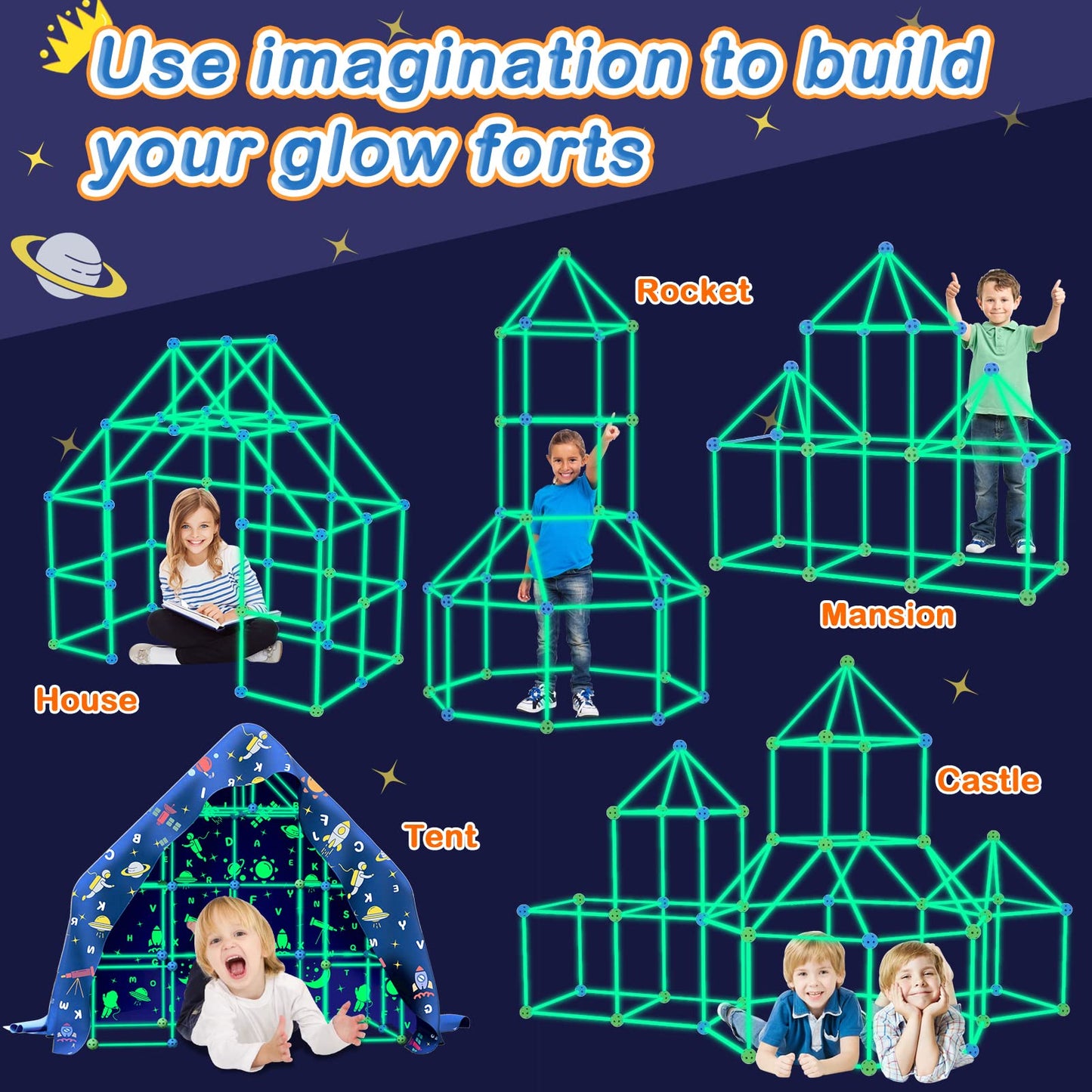 Pomasy 160PCS Kids Fort Building Kit – Glow in the Dark, STEM DIY Indoor Outdoor