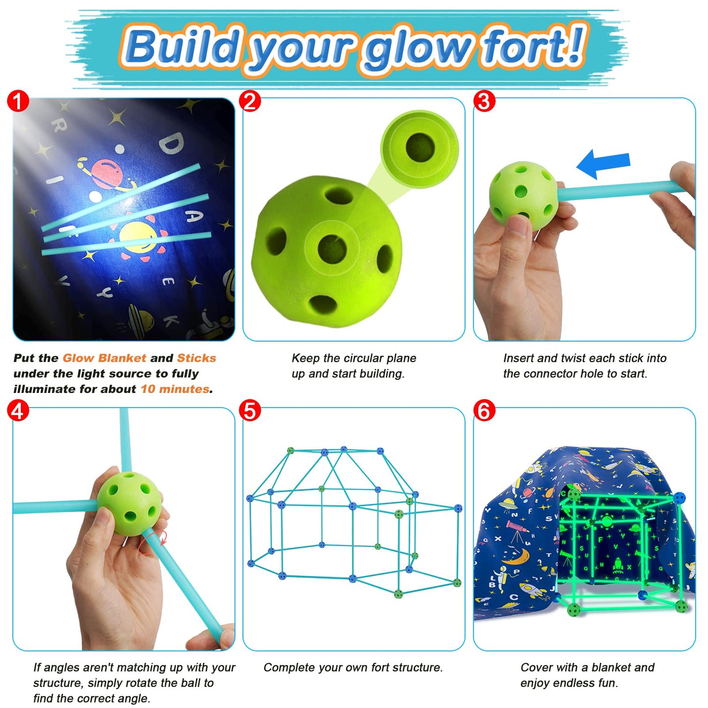 Pomasy 160PCS Kids Fort Building Kit – Glow in the Dark, STEM DIY Indoor Outdoor