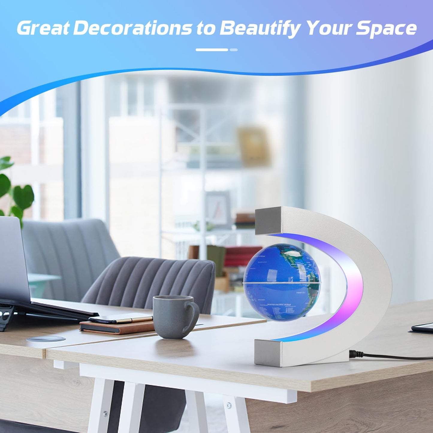 Poojaed Magnetic Levitating Globe with Seven-Color LEDs — Futuristic Desk Decor