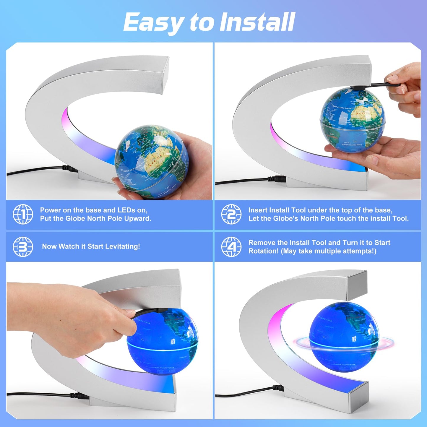 Poojaed Magnetic Levitating Globe with Seven-Color LEDs — Futuristic Desk Decor