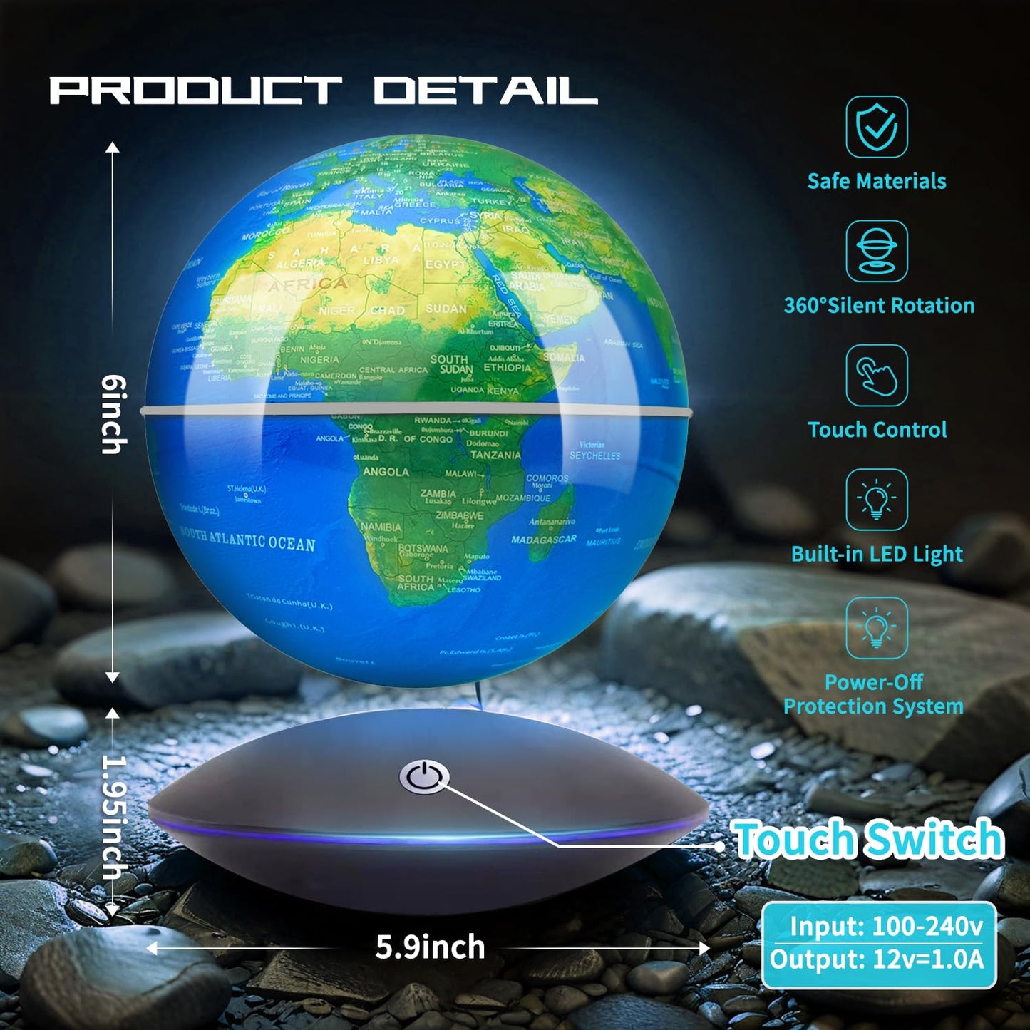 Poojaed Magnetic Levitating Globe with LED Light – 16 Colors, Desk Decor Gift