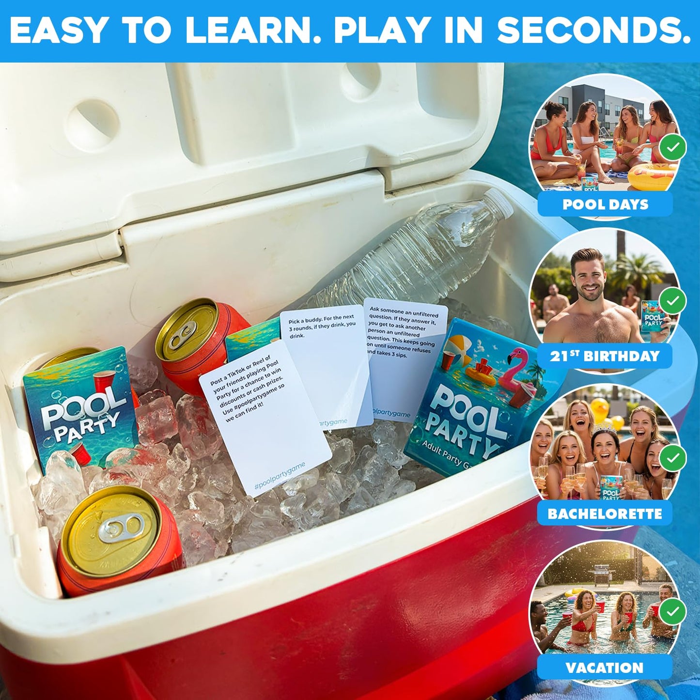 Pool Party Adult Pool Card Game — Waterproof, 100 Cards, 2-8 Players