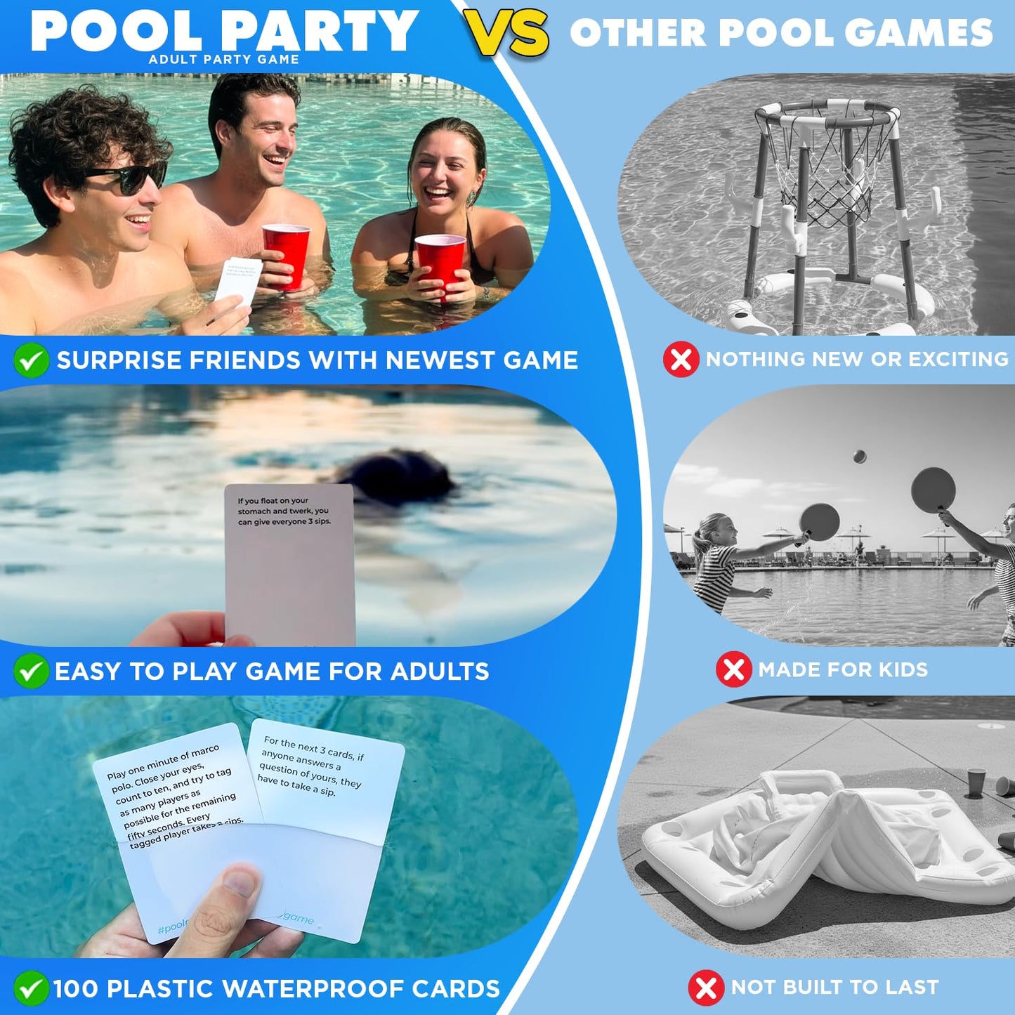 Pool Party Adult Pool Card Game — Waterproof, 100 Cards, 2-8 Players