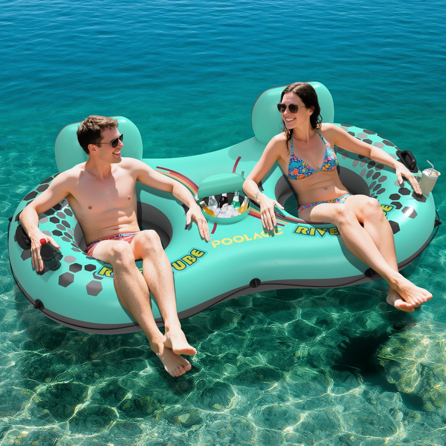 POOLACC 2-Person Inflatable River Tube – Heavy-Duty with Built-In Cooler & Cup Holders