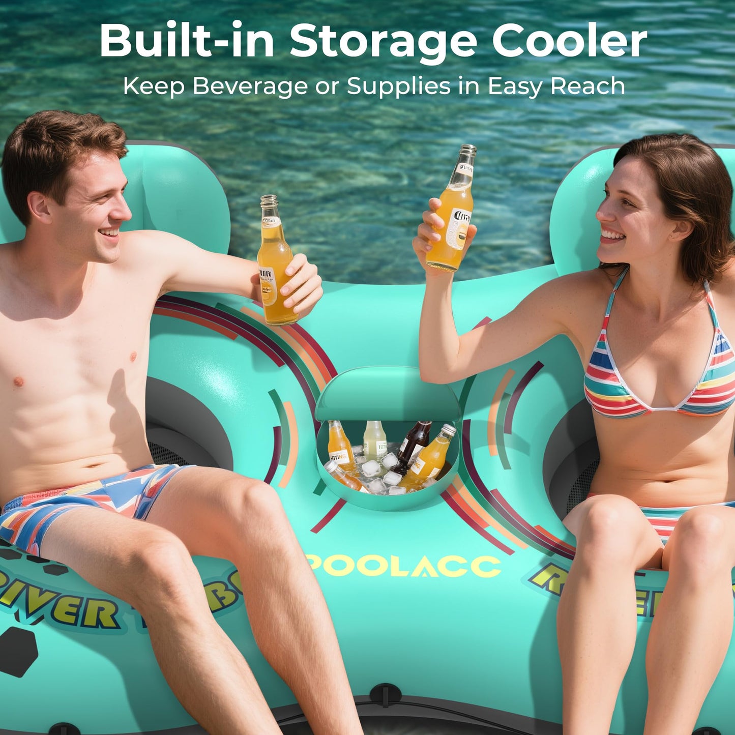 POOLACC 2-Person Inflatable River Tube – Heavy-Duty with Built-In Cooler & Cup Holders