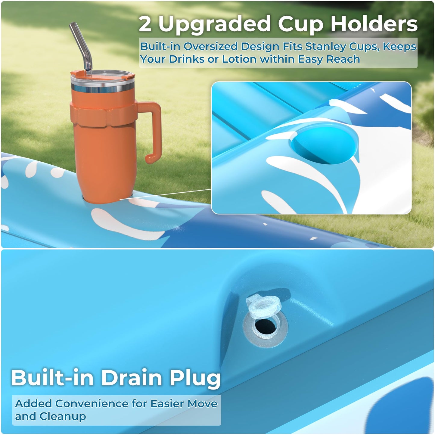 POOLACC Inflatable Tanning Pool Lounger Float – 70x46 in, 6-in-1 with Protection Mat & Cup Holders (Blue)