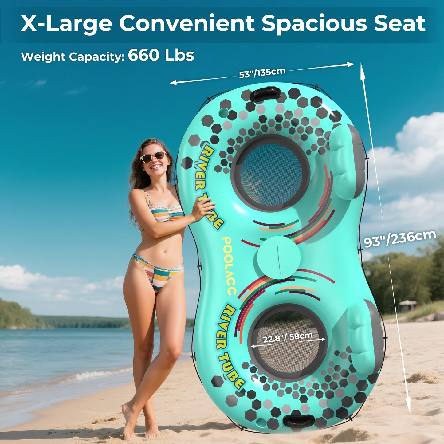 POOLACC 2-Person Inflatable River Tube – Heavy-Duty with Built-In Cooler & Cup Holders