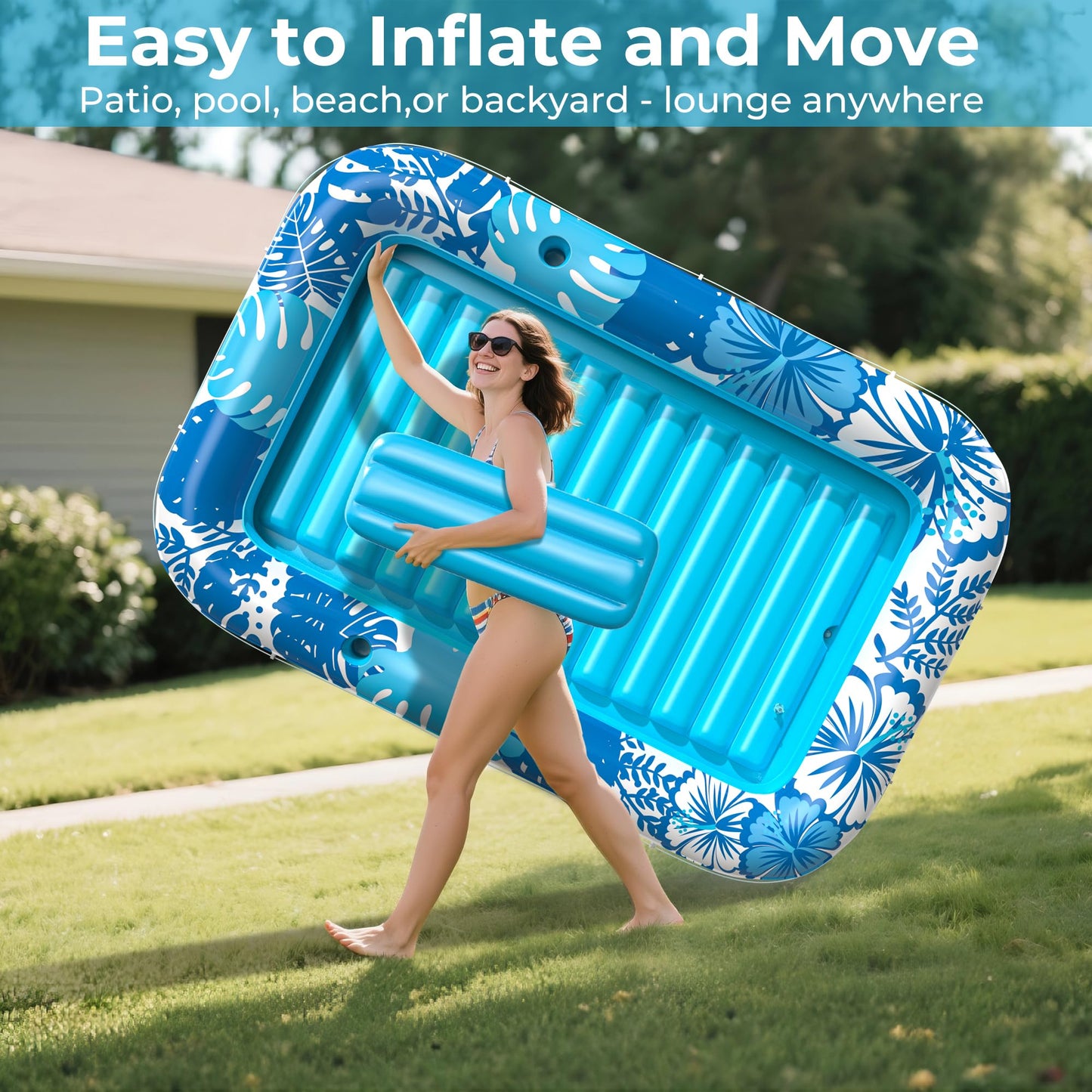 POOLACC 6-in-1 Inflatable Tanning Lounger – 85 x 57 in UV-Resistant Pool Float Blue