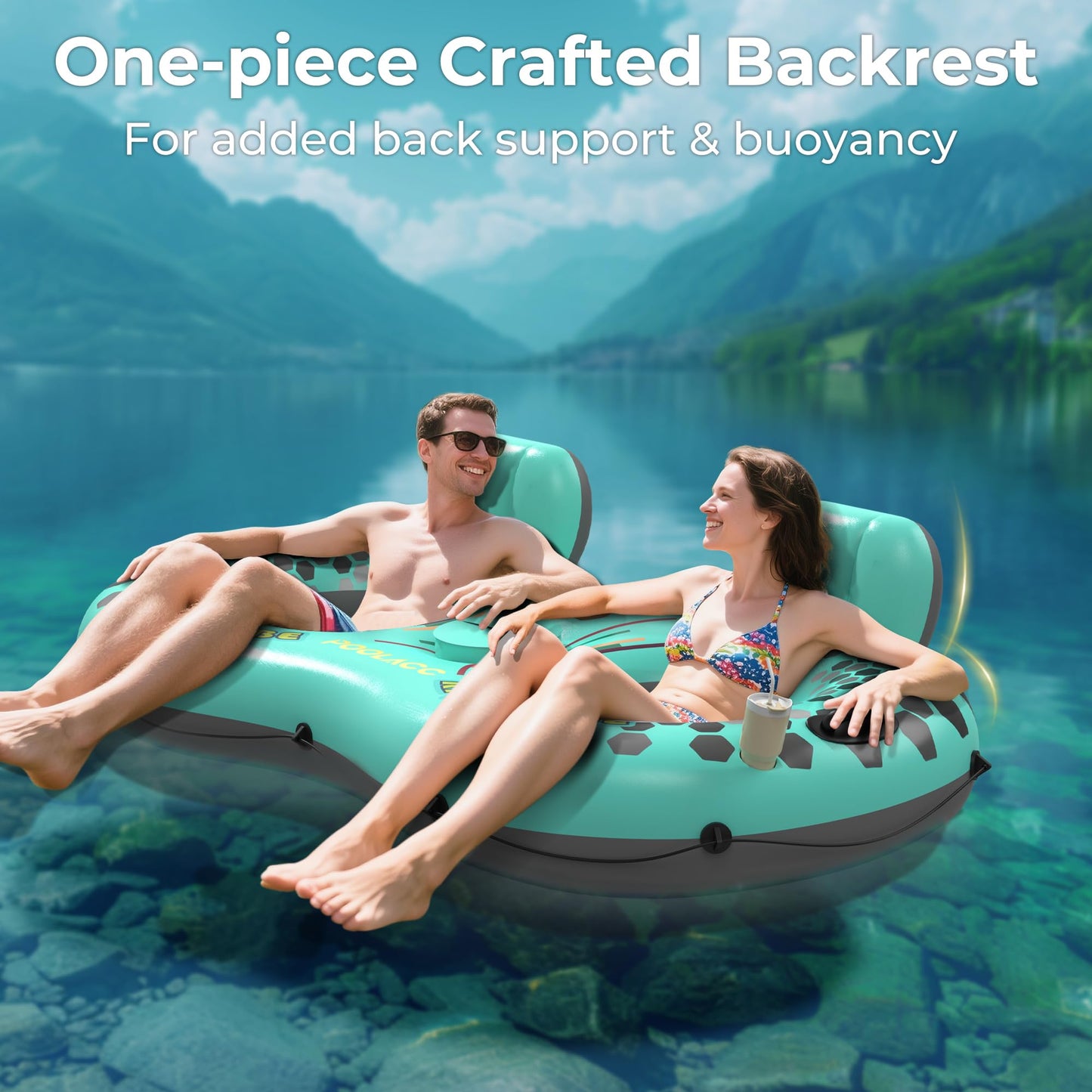POOLACC 2-Person Inflatable River Tube – Heavy-Duty with Built-In Cooler & Cup Holders