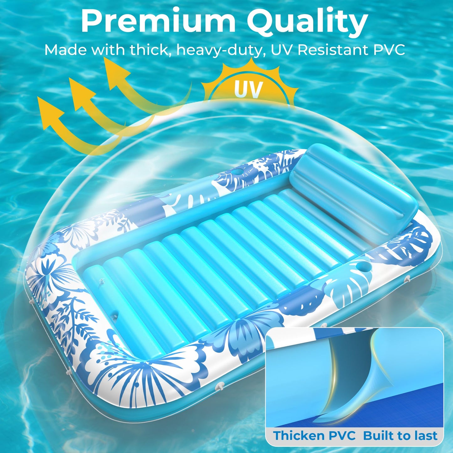 POOLACC Inflatable Tanning Pool Lounger Float – 70x46 in, 6-in-1 with Protection Mat & Cup Holders (Blue)