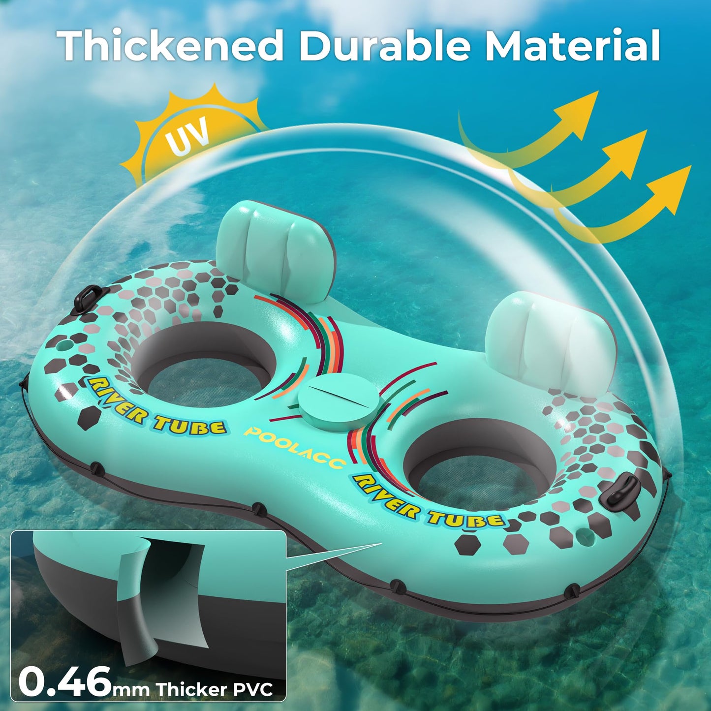POOLACC 2-Person Inflatable River Tube – Heavy-Duty with Built-In Cooler & Cup Holders