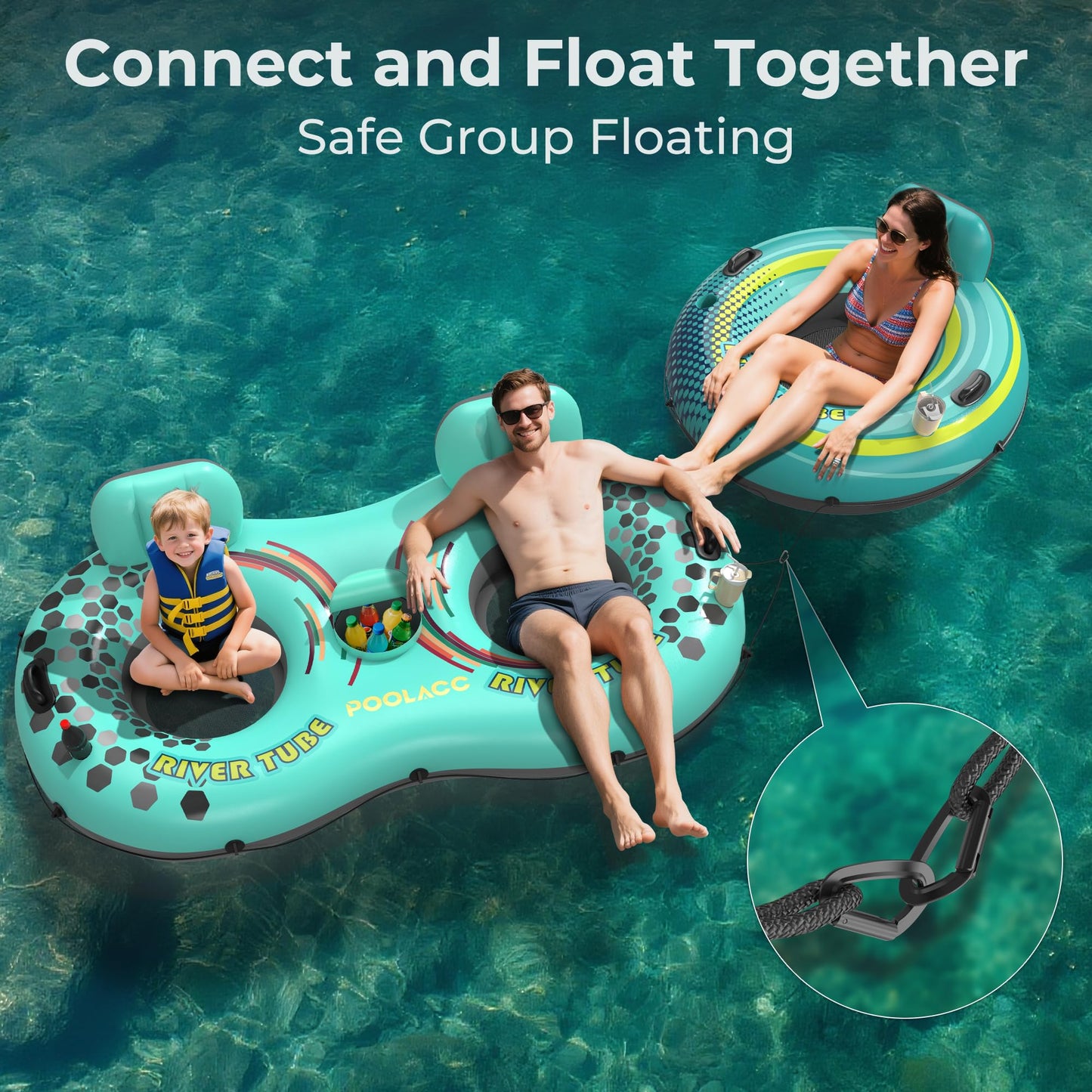 POOLACC 2-Person Inflatable River Tube – Heavy-Duty with Built-In Cooler & Cup Holders
