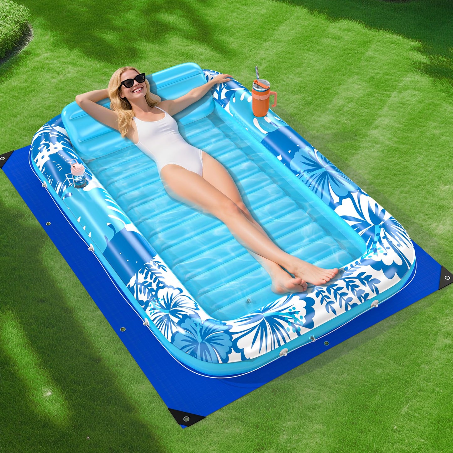 POOLACC Inflatable Tanning Pool Lounger Float – 70x46 in, 6-in-1 with Protection Mat & Cup Holders (Blue)