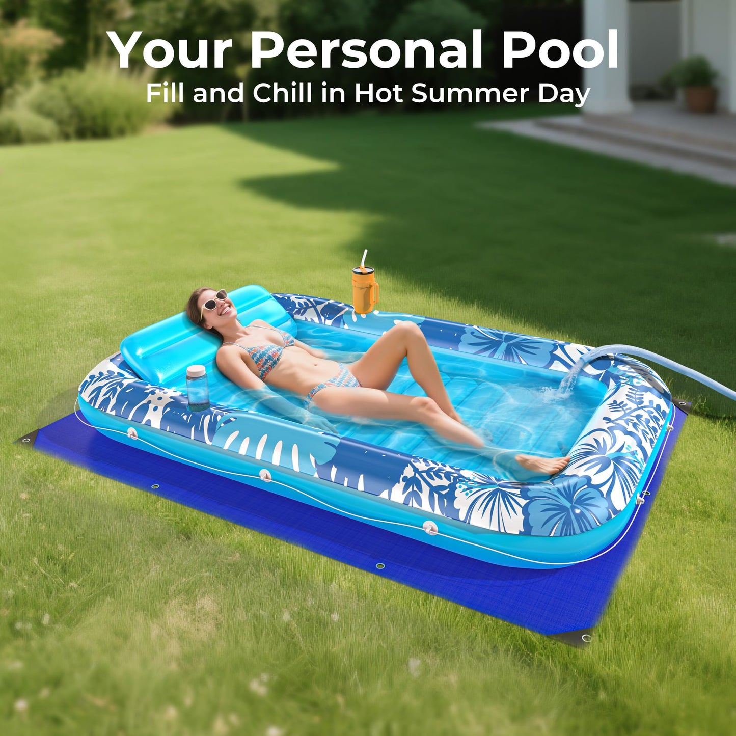 POOLACC 6-in-1 Inflatable Tanning Lounger – 85 x 57 in UV-Resistant Pool Float Blue