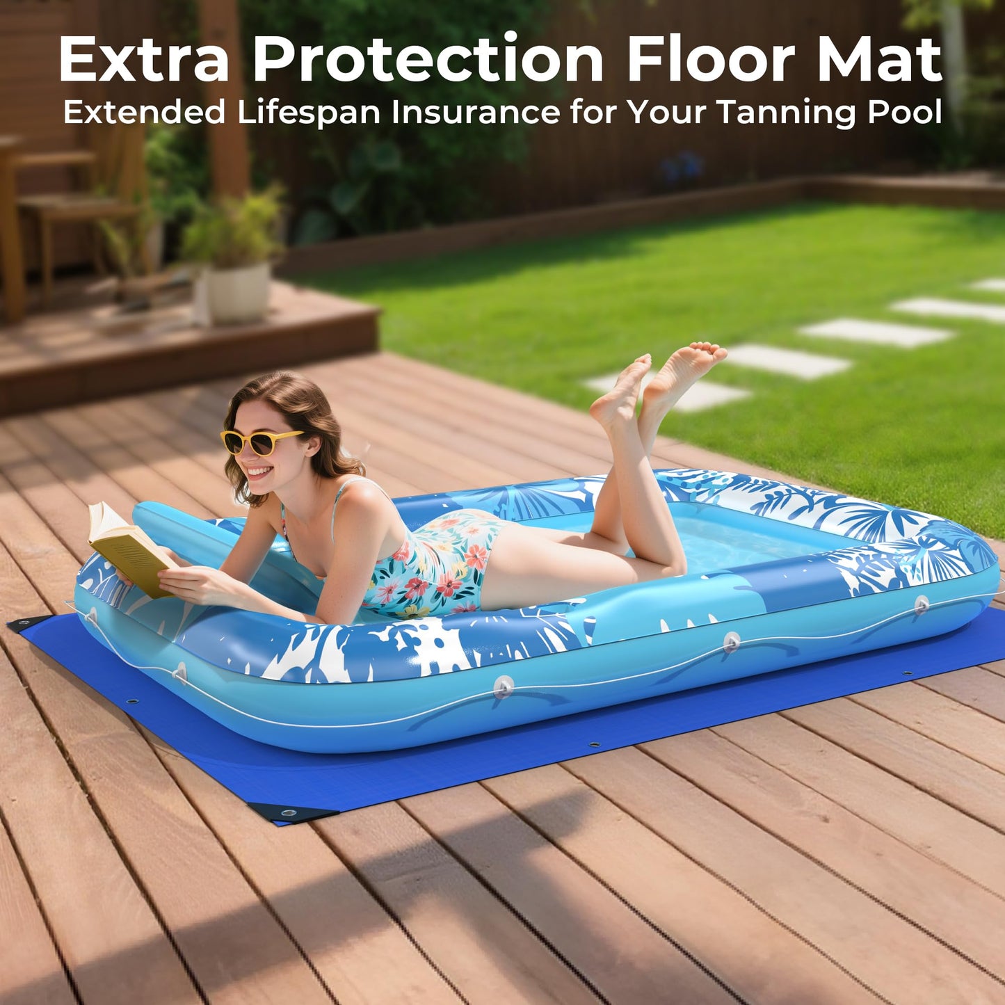 POOLACC Inflatable Tanning Pool Lounger Float – 70x46 in, 6-in-1 with Protection Mat & Cup Holders (Blue)