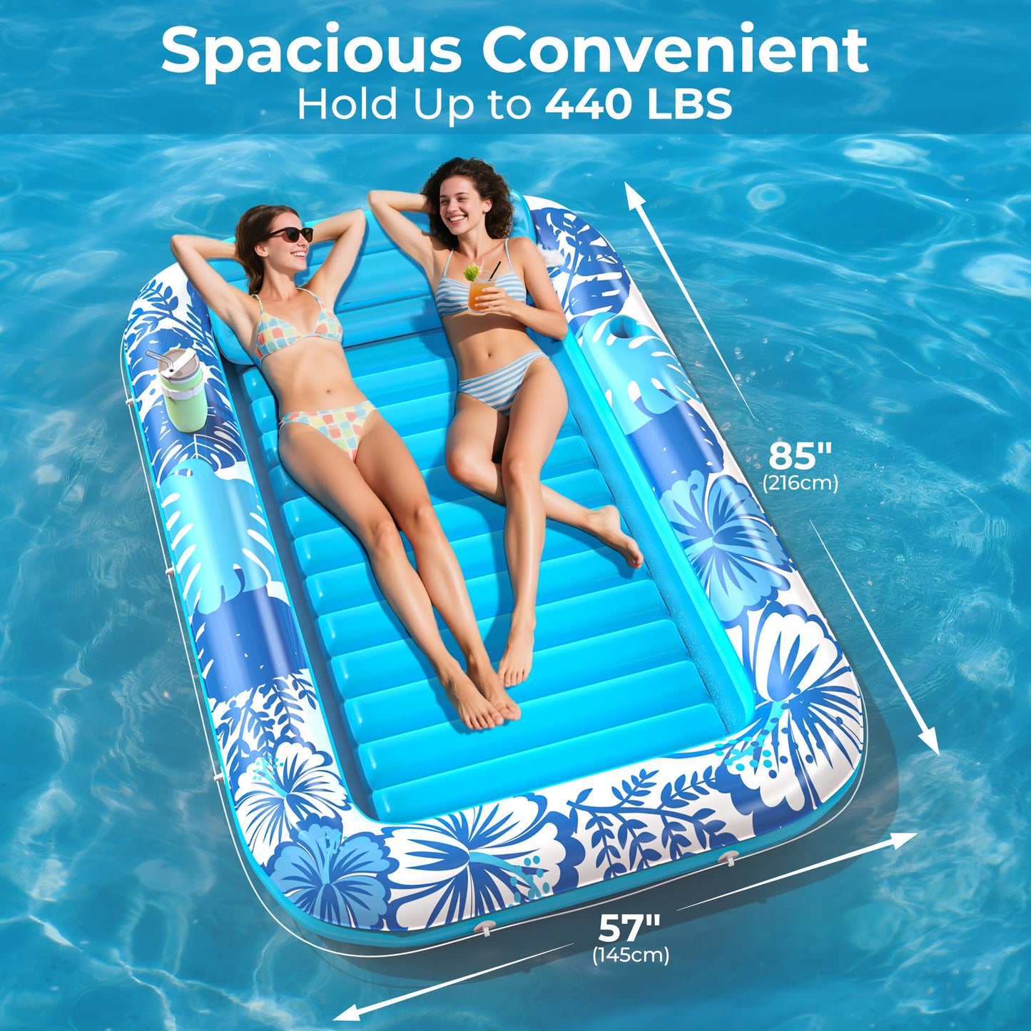 POOLACC 6-in-1 Inflatable Tanning Lounger – 85 x 57 in UV-Resistant Pool Float Blue