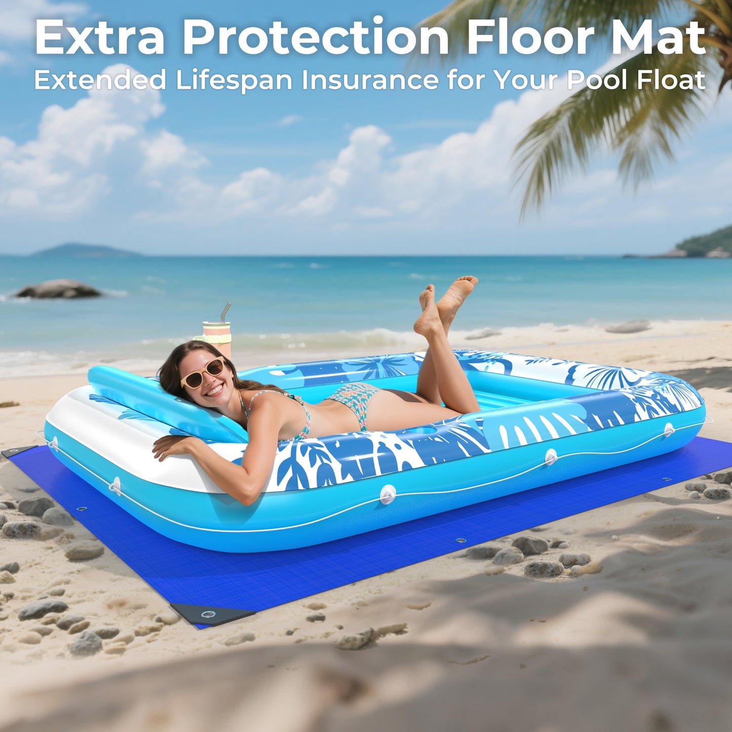 POOLACC 6-in-1 Inflatable Tanning Lounger – 85 x 57 in UV-Resistant Pool Float Blue
