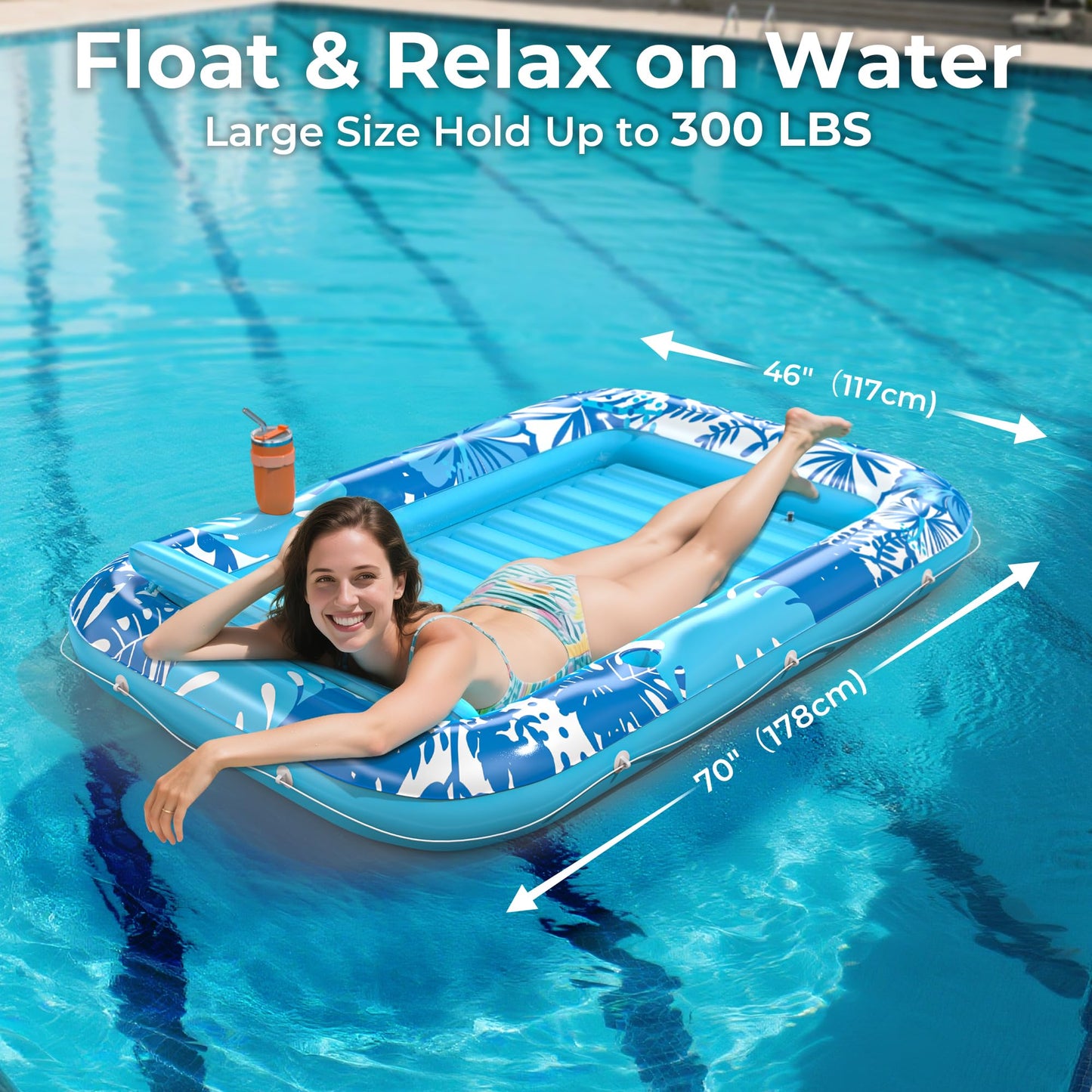 POOLACC Inflatable Tanning Pool Lounger Float – 70x46 in, 6-in-1 with Protection Mat & Cup Holders (Blue)