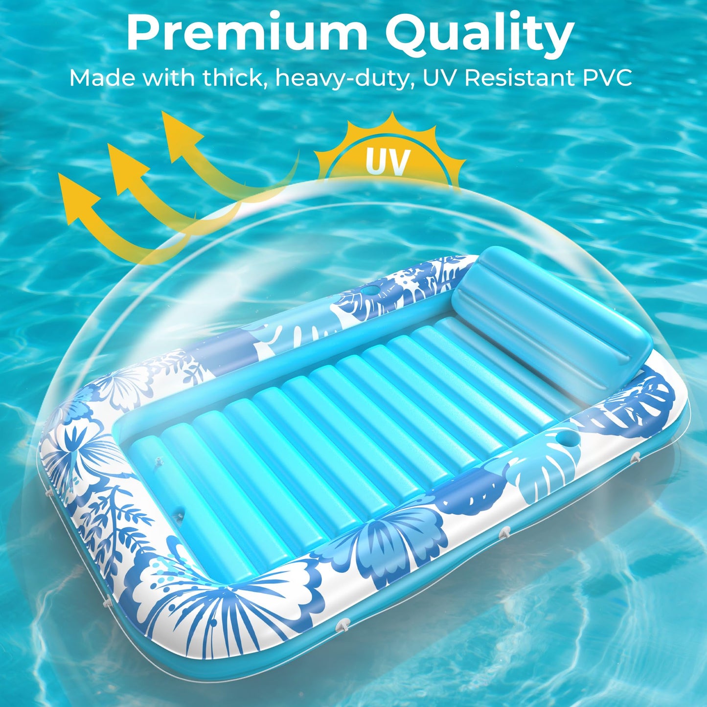 POOLACC 6-in-1 Inflatable Tanning Lounger – 85 x 57 in UV-Resistant Pool Float Blue