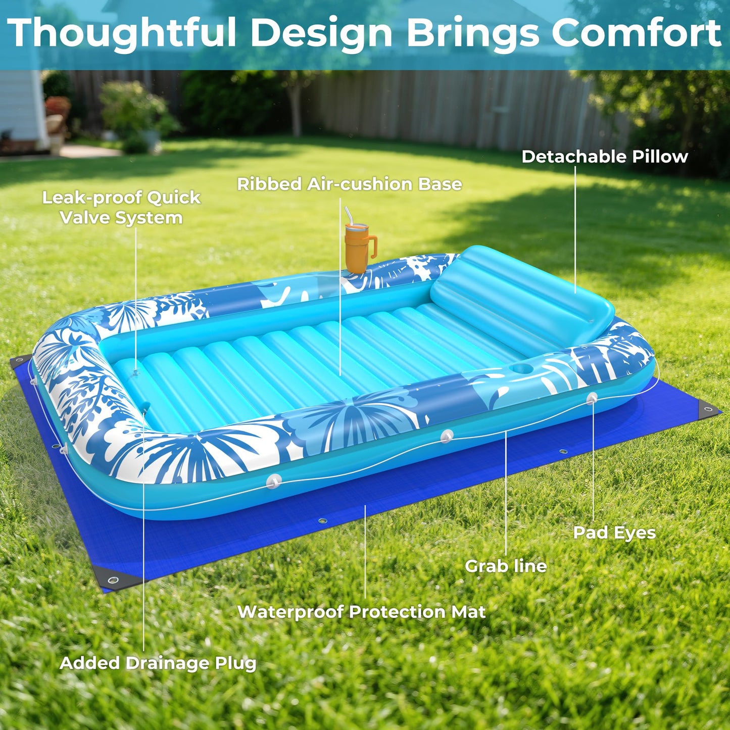 POOLACC Inflatable Tanning Pool Lounger Float – 70x46 in, 6-in-1 with Protection Mat & Cup Holders (Blue)