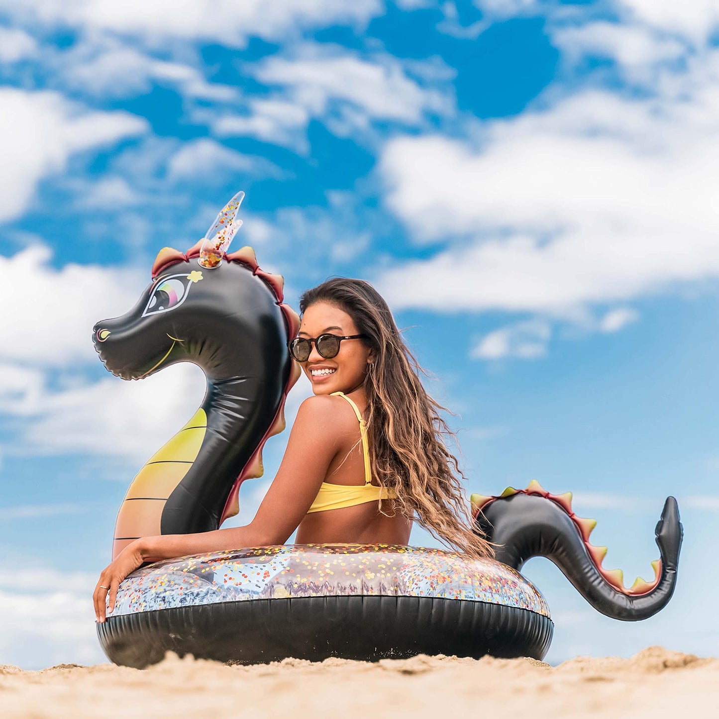 Poolcandy Black Sea Dragon 40-inch Inflatable Pool Tube with Glitter