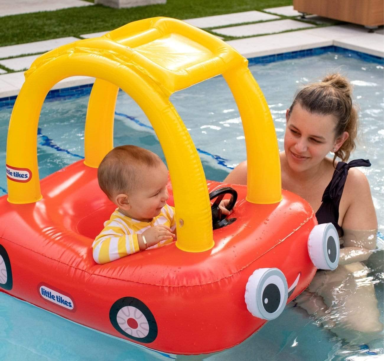 PoolCandy x Little Tikes Cozy Coupe Inflatable Pool Float – Licensed Kids Ride-On Toy (Red & Yellow)
