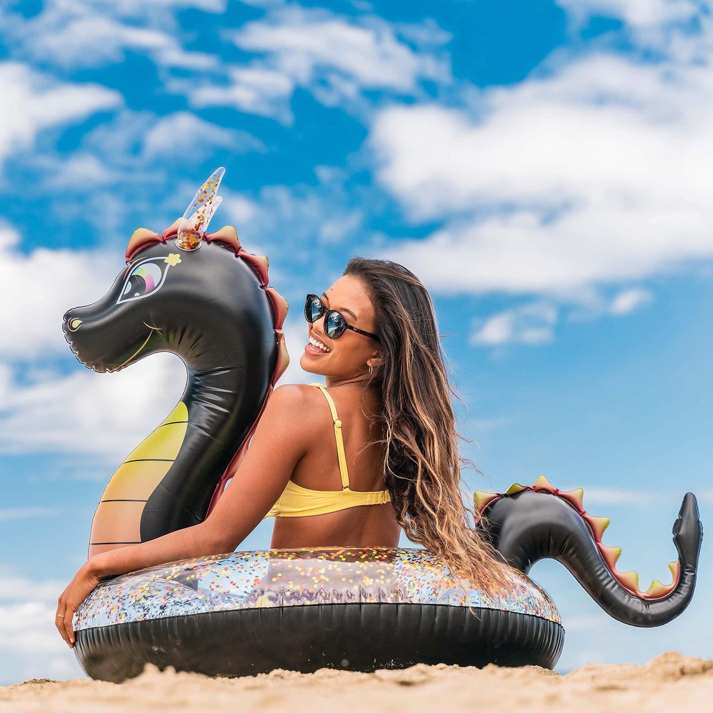 Poolcandy Black Sea Dragon 40-inch Inflatable Pool Tube with Glitter