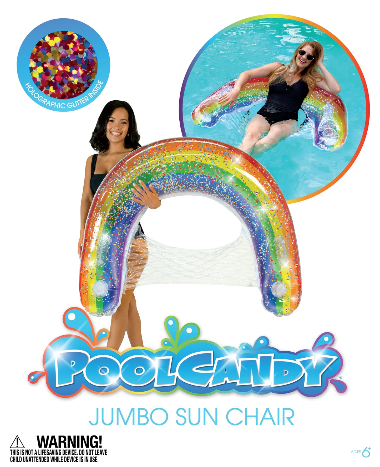 PoolCandy Sun Chair Water Raft – Rainbow Haze Floating Pool Chair