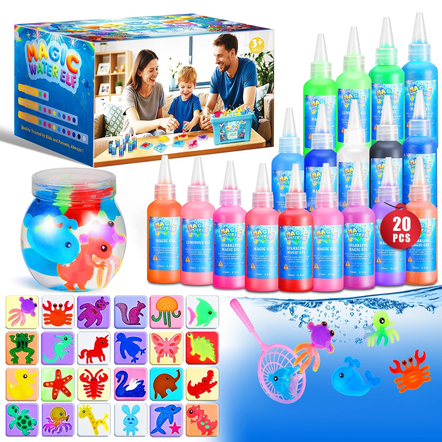 Poonoo Crafts Kits Toys – Magic Water Gel Kit with 25 Molds, 20 Colors for Kids 3-12