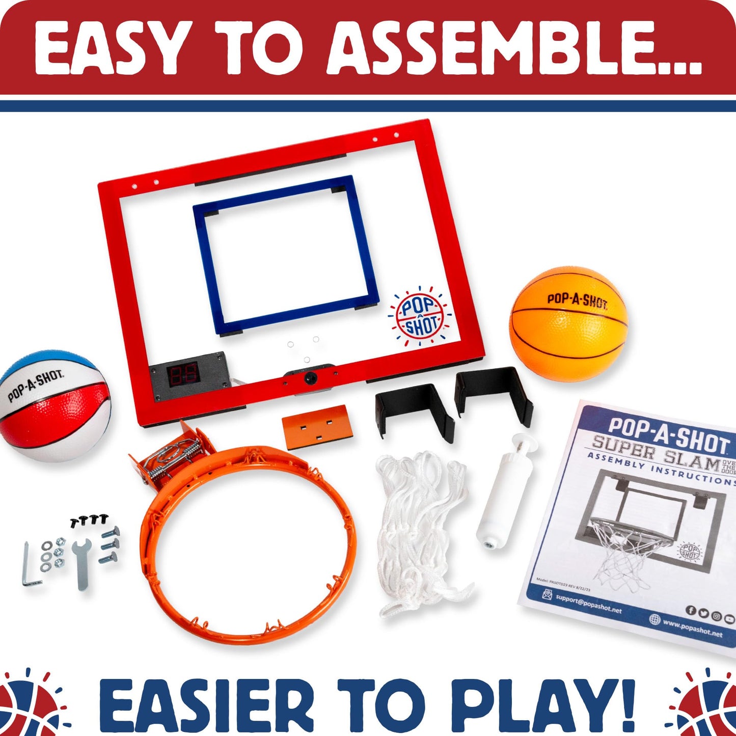 Pop-A-Shot Super Slam Over the Door Mini Basketball Hoop – 2 Balls, Pump, Breakaway Rim, Shatter-Resistant Backboard