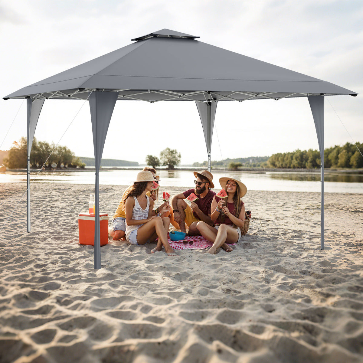 395 x 395 cm Pop up Canopy Tent with Vented Top and 8 Drainage Holes-Beige