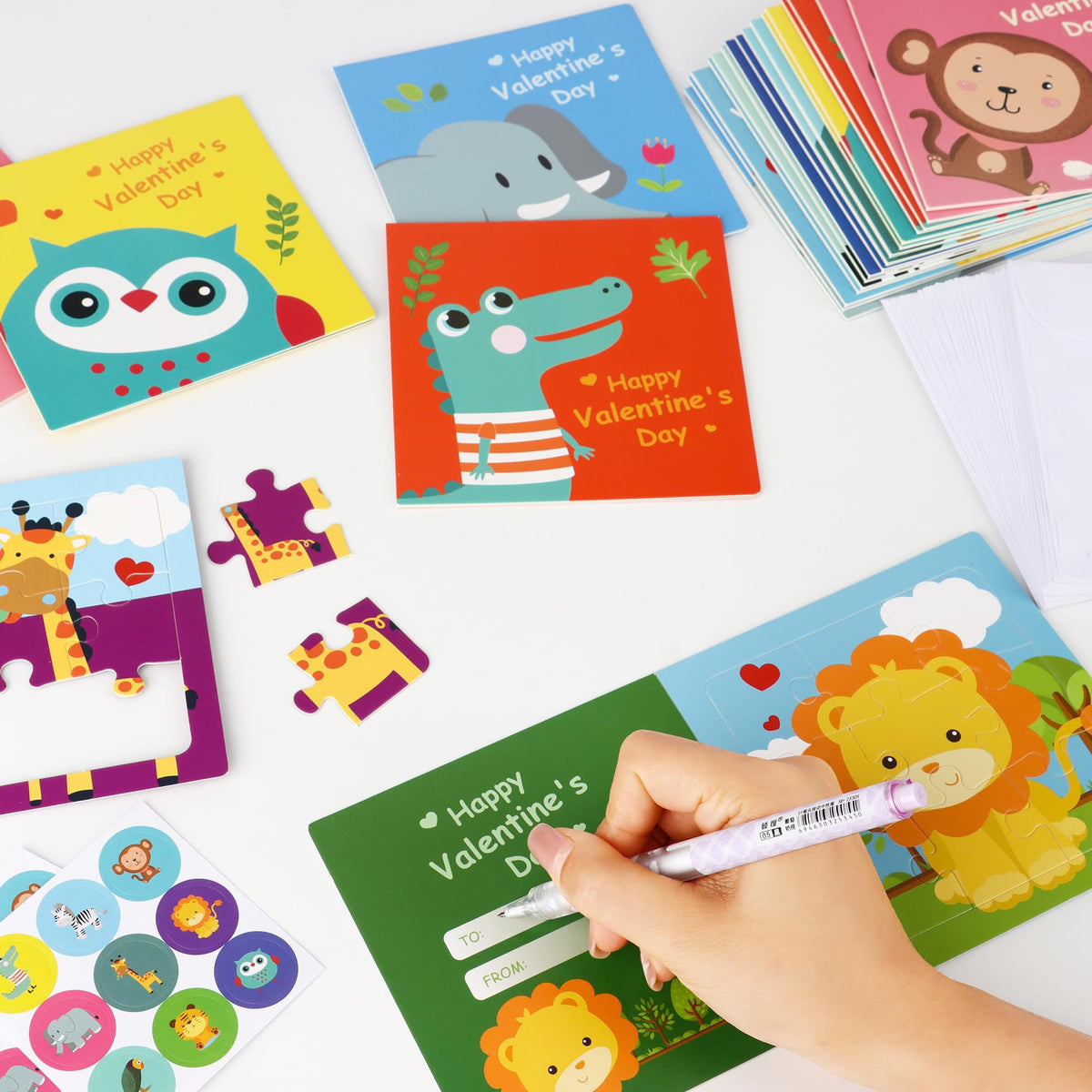 POPGIFTU Valentines Day Puzzle Cards for Kids — 27-Pack Animal Jigsaw Cards with Envelopes & Stickers